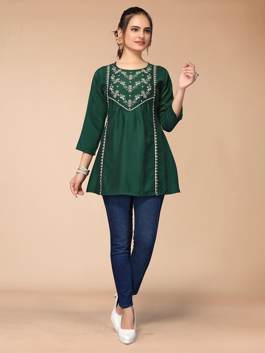 

KALINI Women Green Viscose Rayon Embroidered Indigo Top