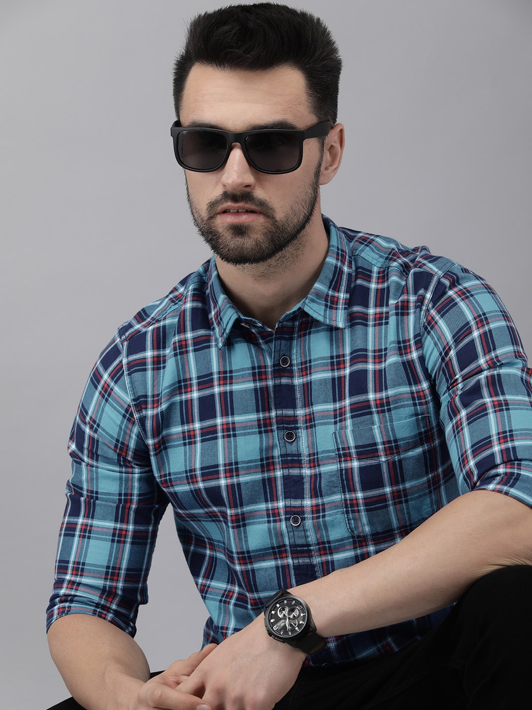 

Pepe Jeans Men Blue Tartan Checked Pure Cotton Casual Shirt