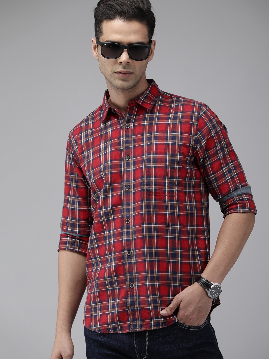 

Pepe Jeans Men Red And Navy Blue Tartan Checked Pure Cotton Casual Shirt