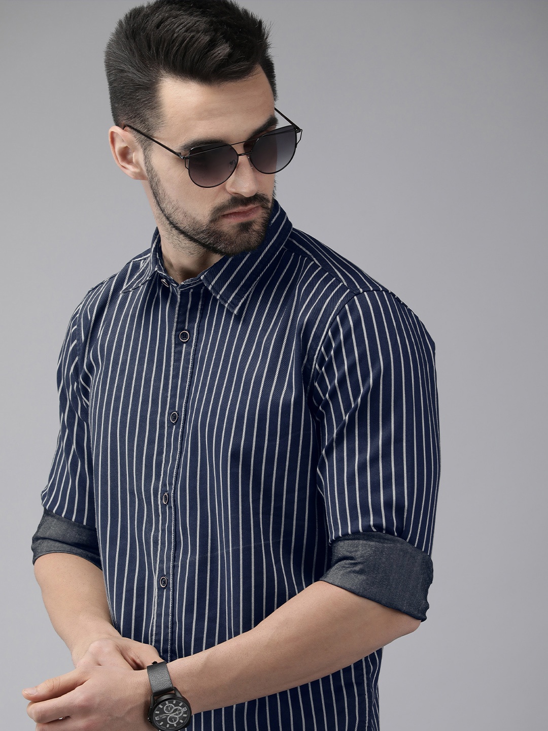 

Pepe Jeans Men Navy Blue Striped Casual Shirt