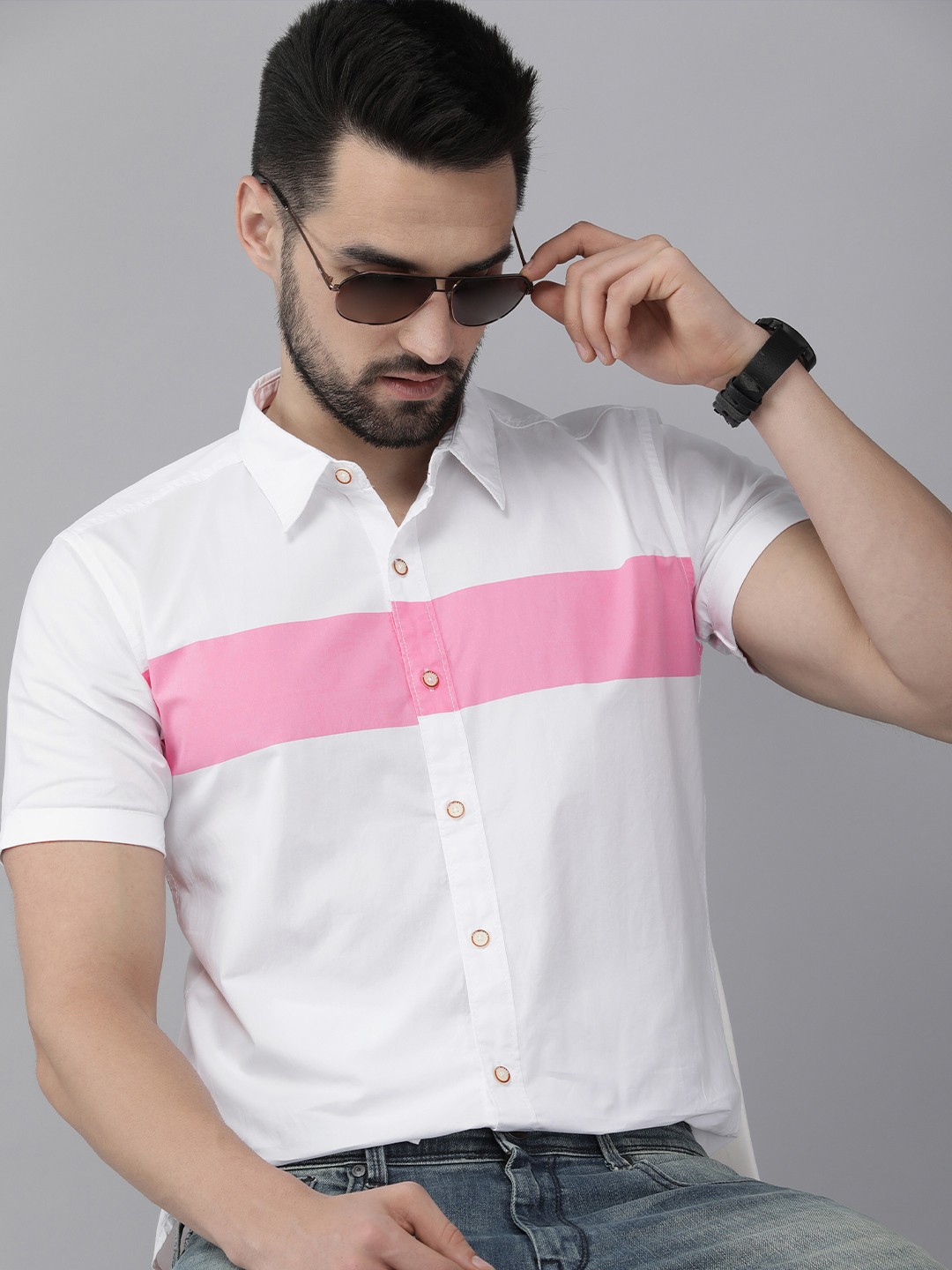 

Pepe Jeans Men White And Pink Colourblocked Pure Cotton Casual Shirt