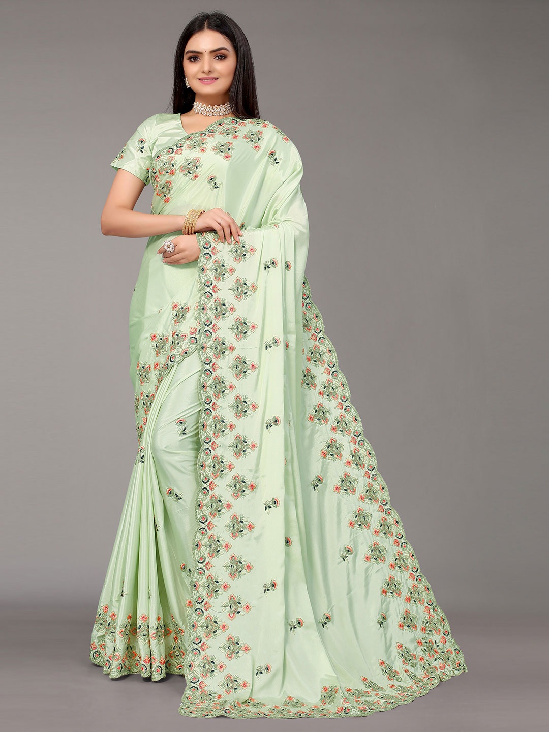 

Nimayaa Green & Pink Floral Embroidered Pure Silk Saree
