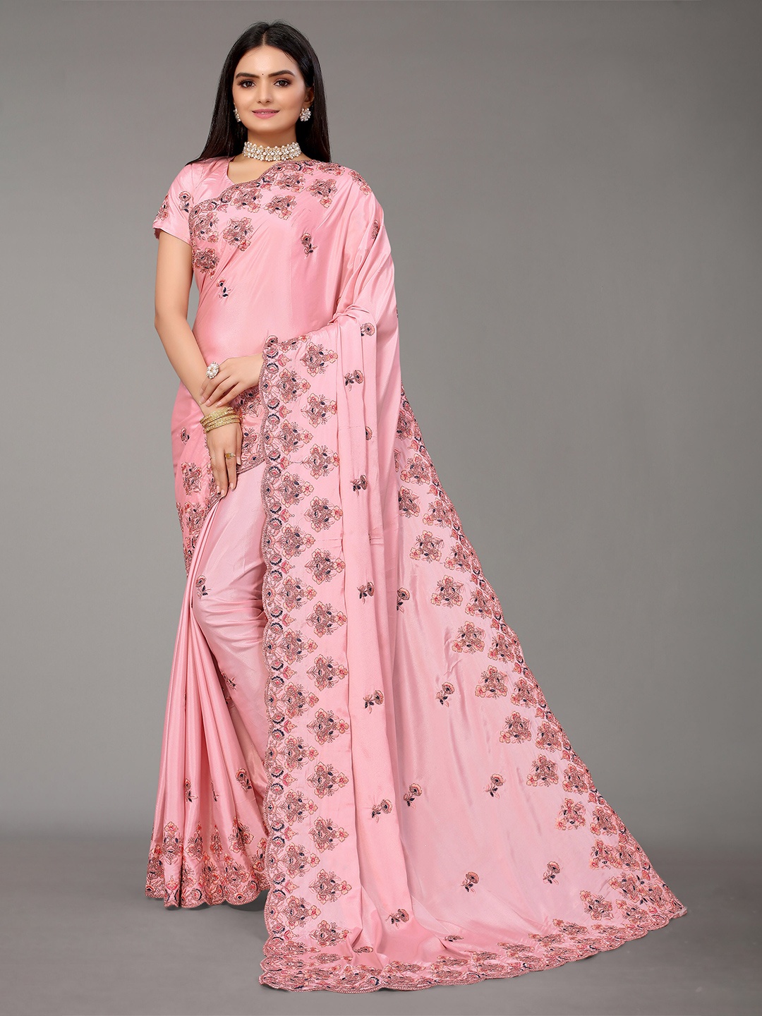 

Nimayaa Peach-Coloured & Pink Floral Embroidered Pure Silk Saree