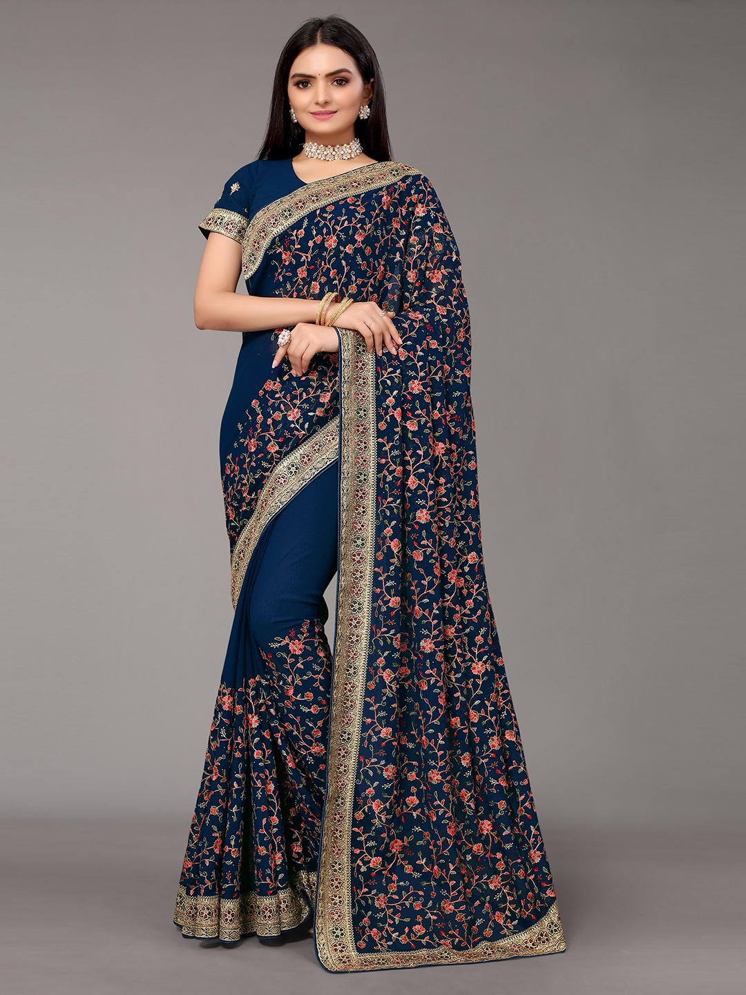 

Nimayaa Navy Blue & Maroon Kalamkari Embroidered Saree