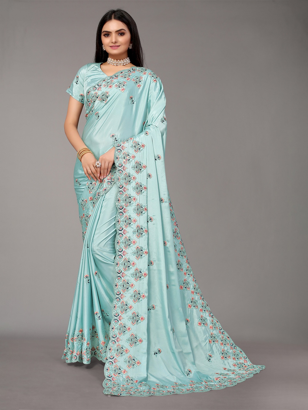 

Nimayaa Teal & Peach-Coloured Floral Embroidered Pure Silk Saree