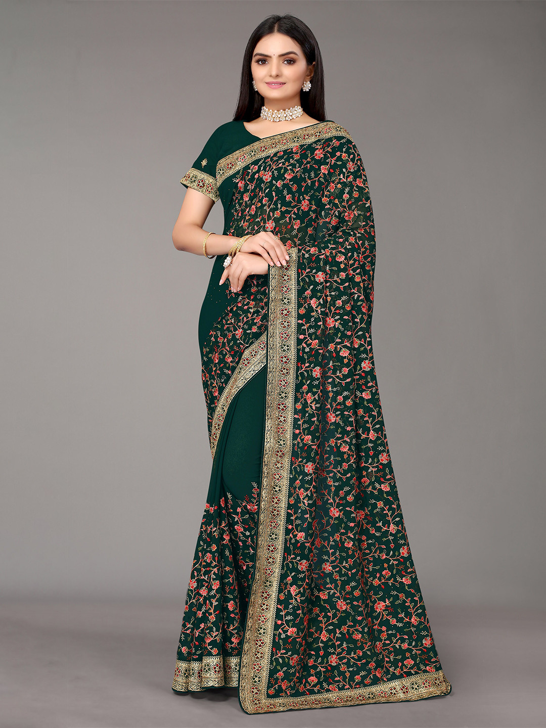 

Nimayaa Green & Pink Floral Embroidered Saree