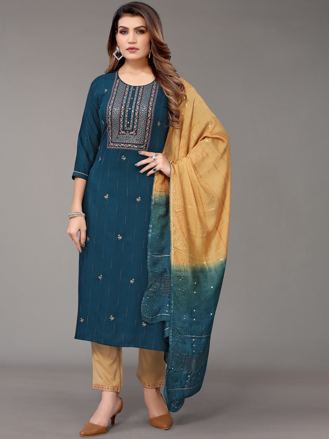 

Nimayaa Women Teal Embroidered Sequinned Kurta with Trousers & With Dupatta