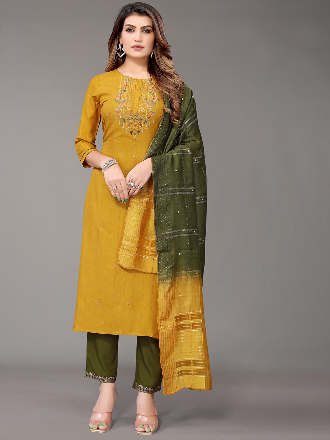 

Nimayaa Women Mustard Yellow Printed Mirror Work Kurta with Trousers & With Dupatta