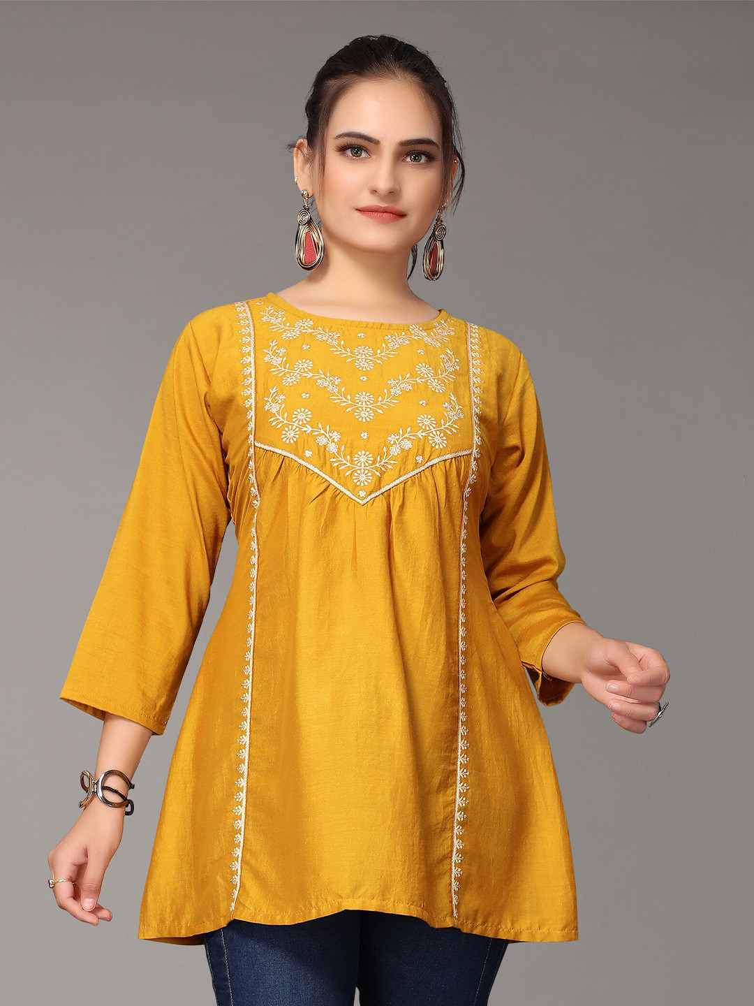 

Nimayaa Women Mustard Yellow Floral Embroidered Top