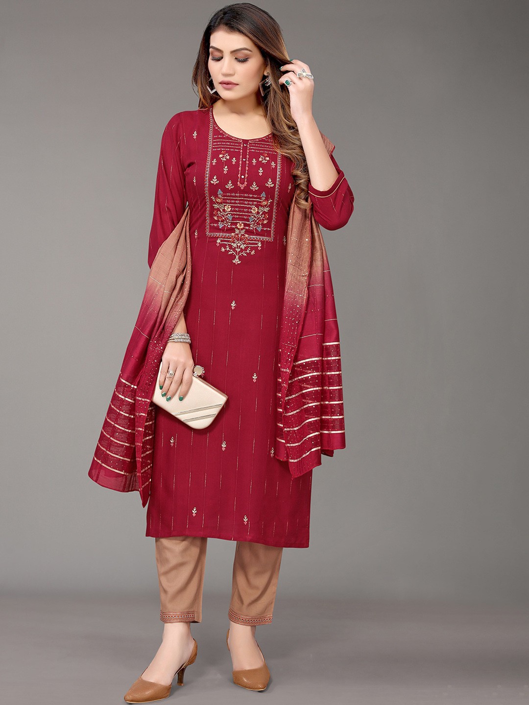 

Nimayaa Women Maroon Floral Embroidered Kurta with Trousers & With Dupatta