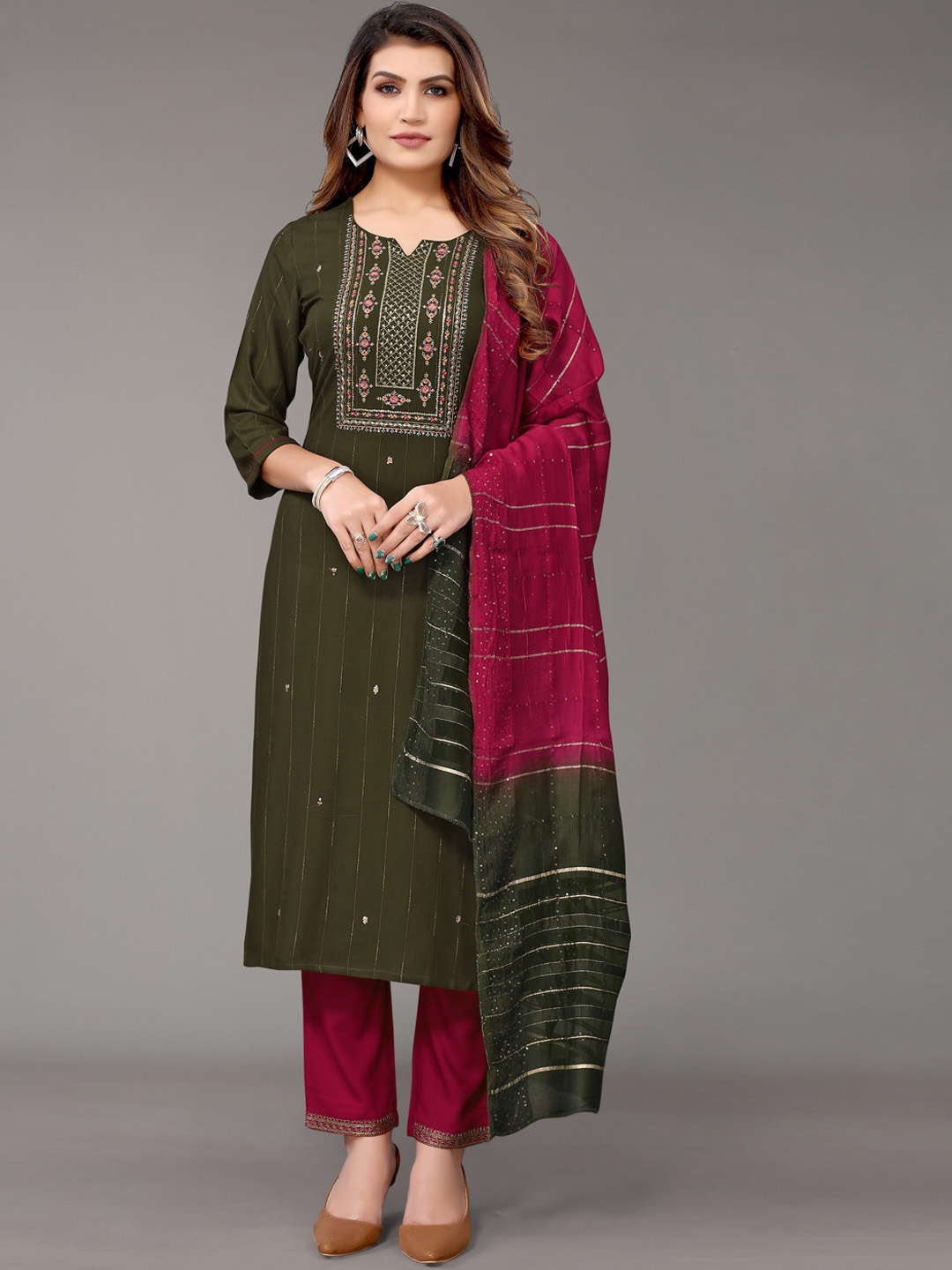 

Nimayaa Women Green Yoke Design Kurta with Trouser & With Dupatta