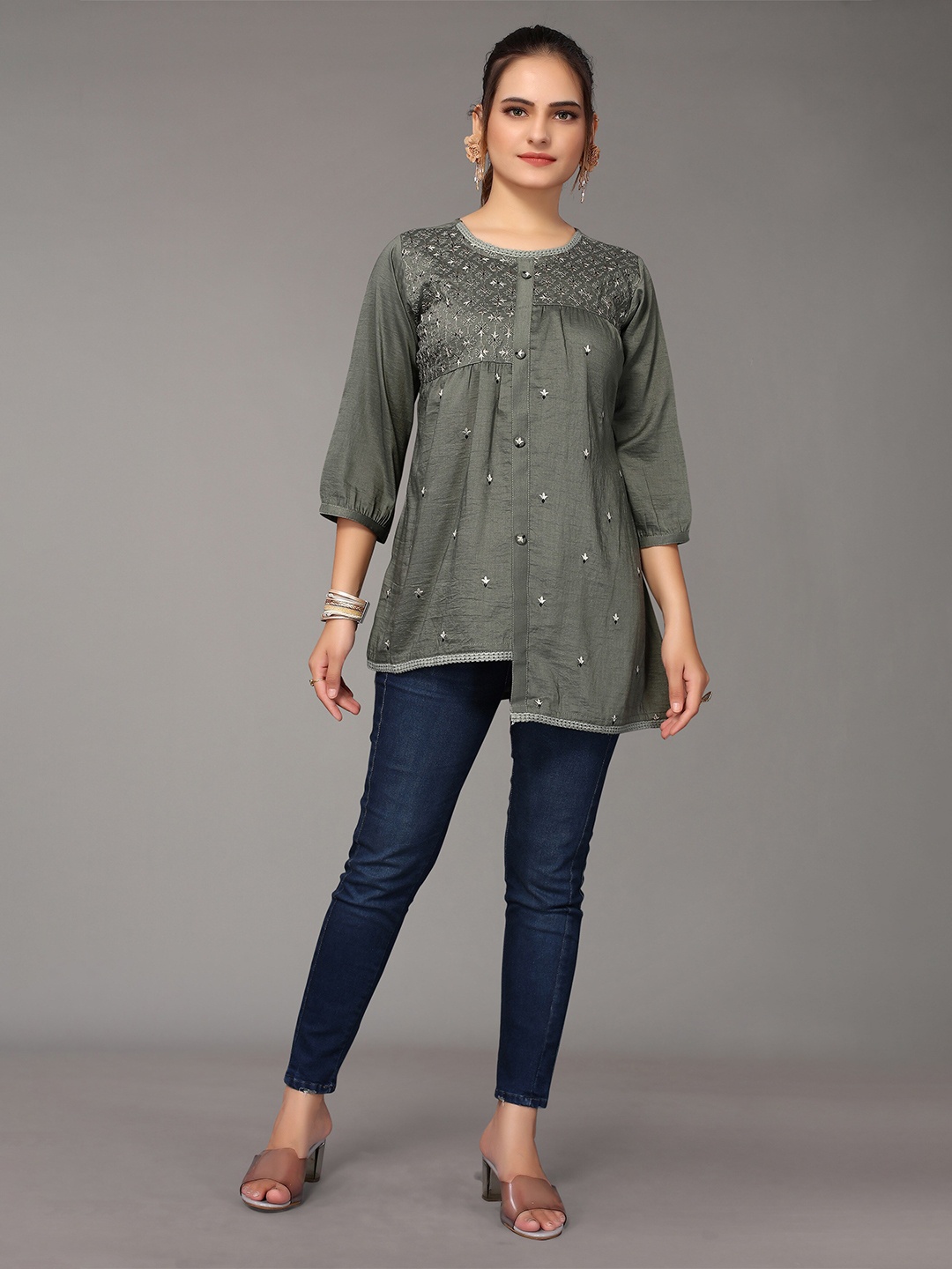 

Nimayaa Olive Green Embellished Indigo Top