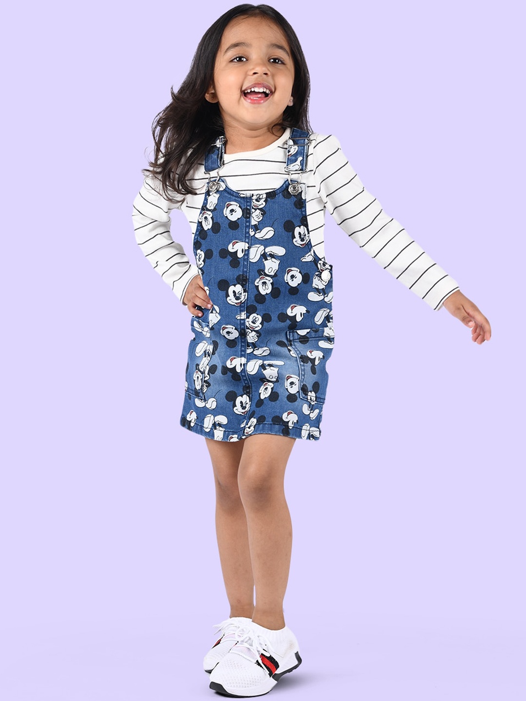 

Zalio Girls White & Blue Mickey Mouse Printed Dungaree With T-shirt