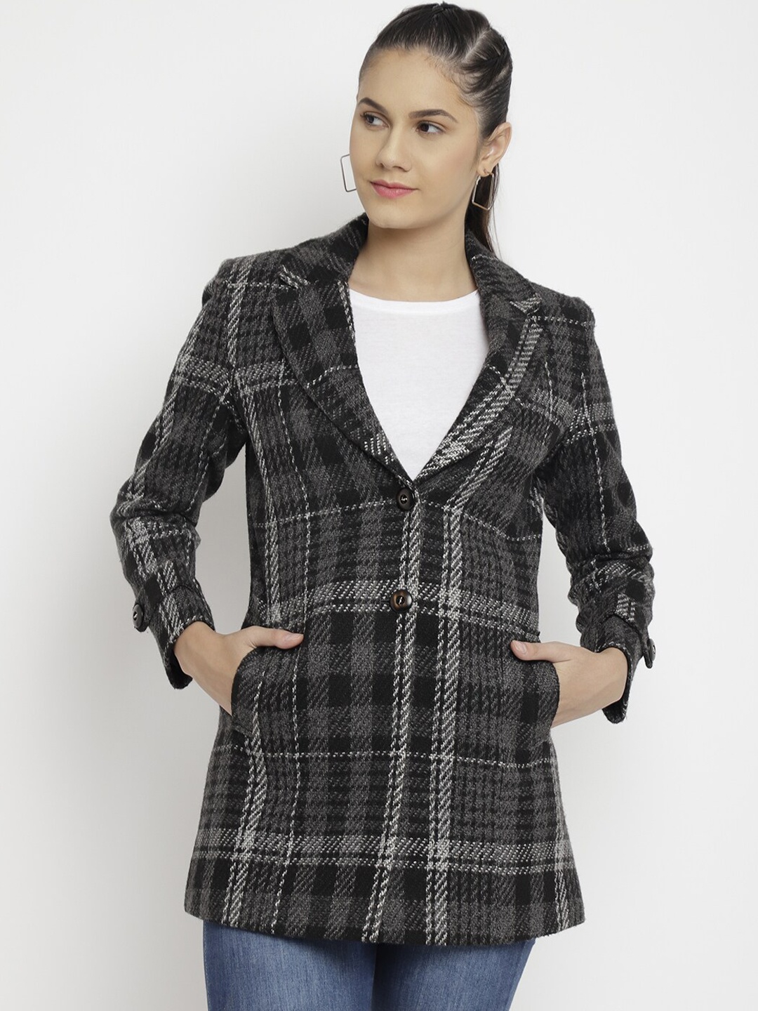 

LURE URBAN Women Black Printed Woolen Trench Coats