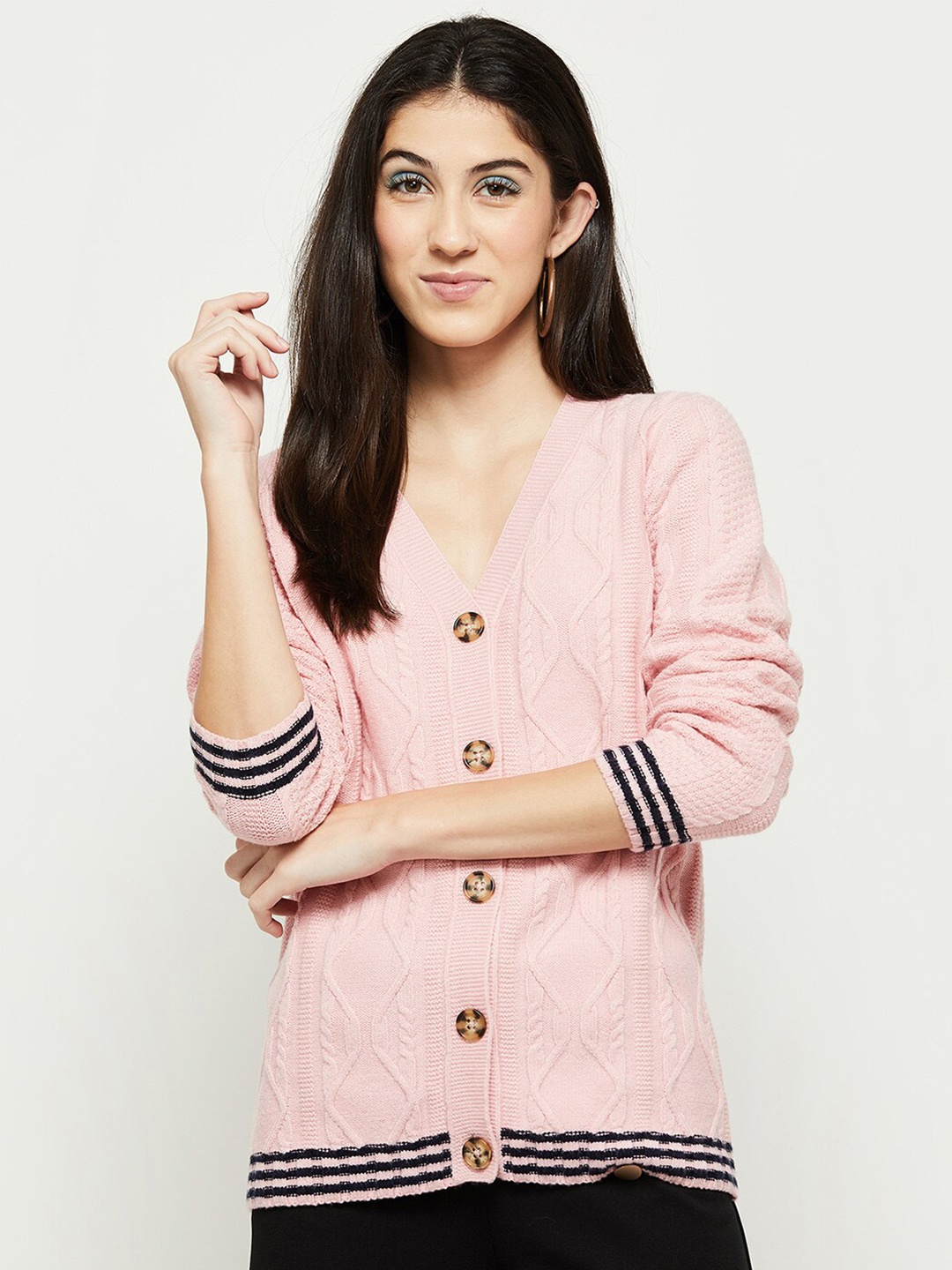 

max Women Pink & Black Acrylic Cable Knit Cardigan