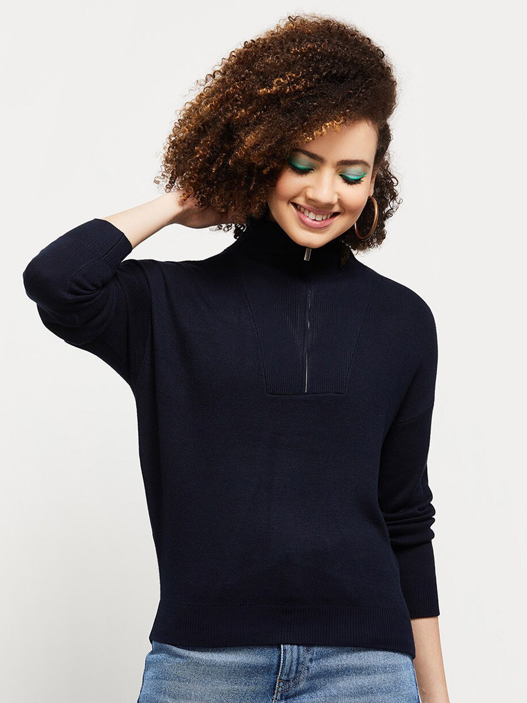 

max Women Navy Blue Solid Nylon Turtle Neck Pullover