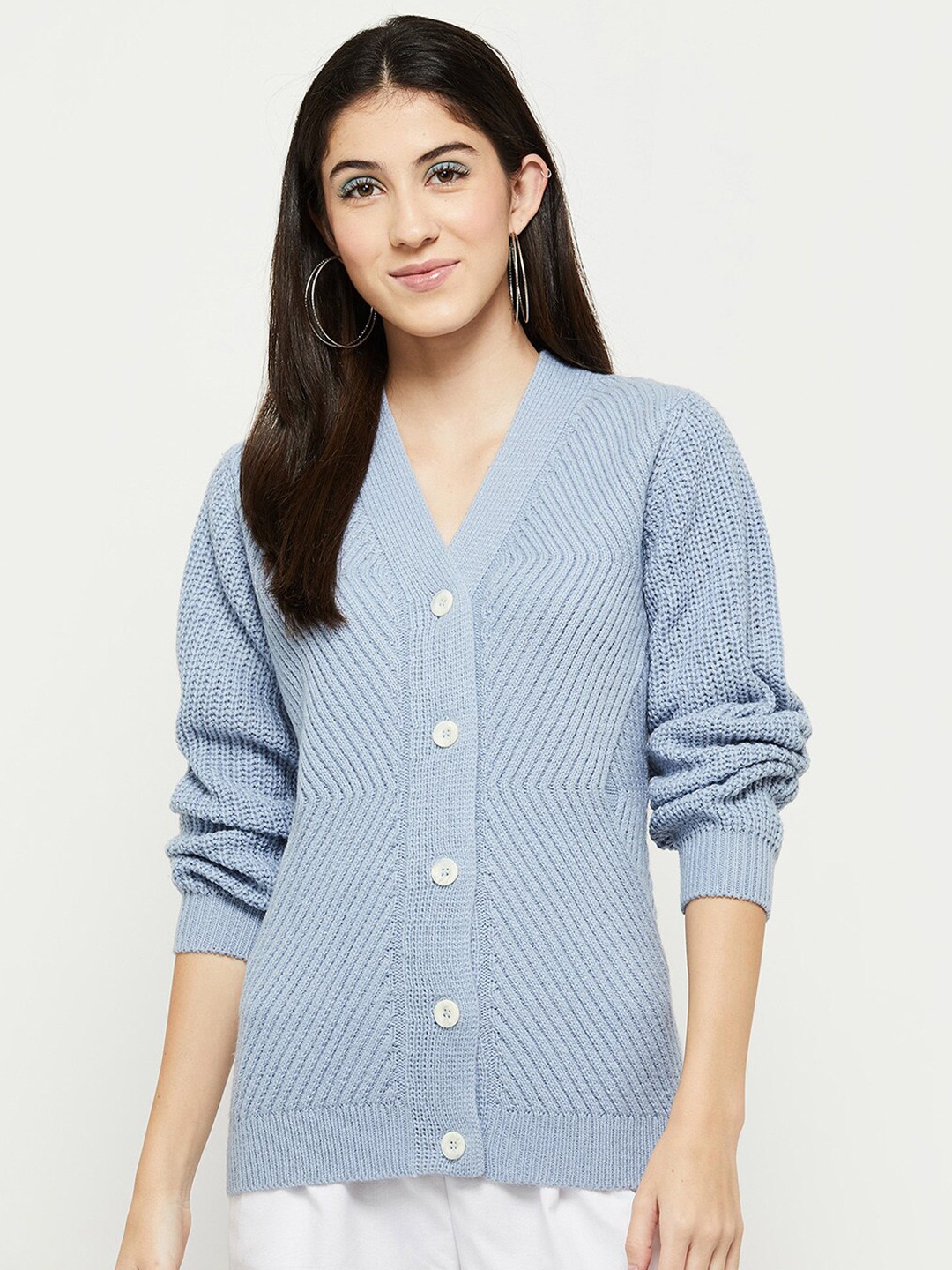 

max Women Blue V-Neck Ribbed Hem Cardigan Sweater
