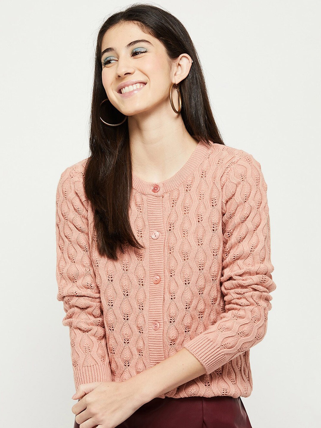

max Women Peach Cable Knit Full Sleeve Acrylic Cardigan