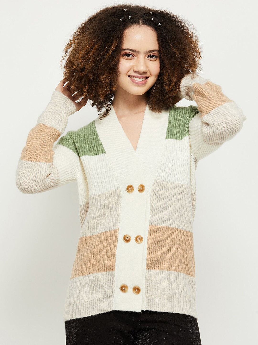 

max Women Off White & Green Striped Cardigan Sweater