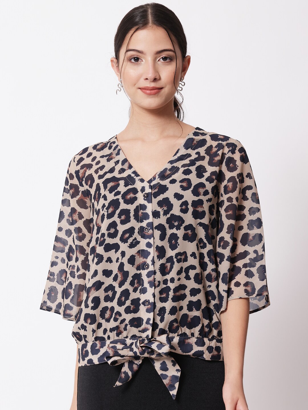 

CHARMGAL Brown Animal Print Extended Sleeves Crepe Styled Back Top