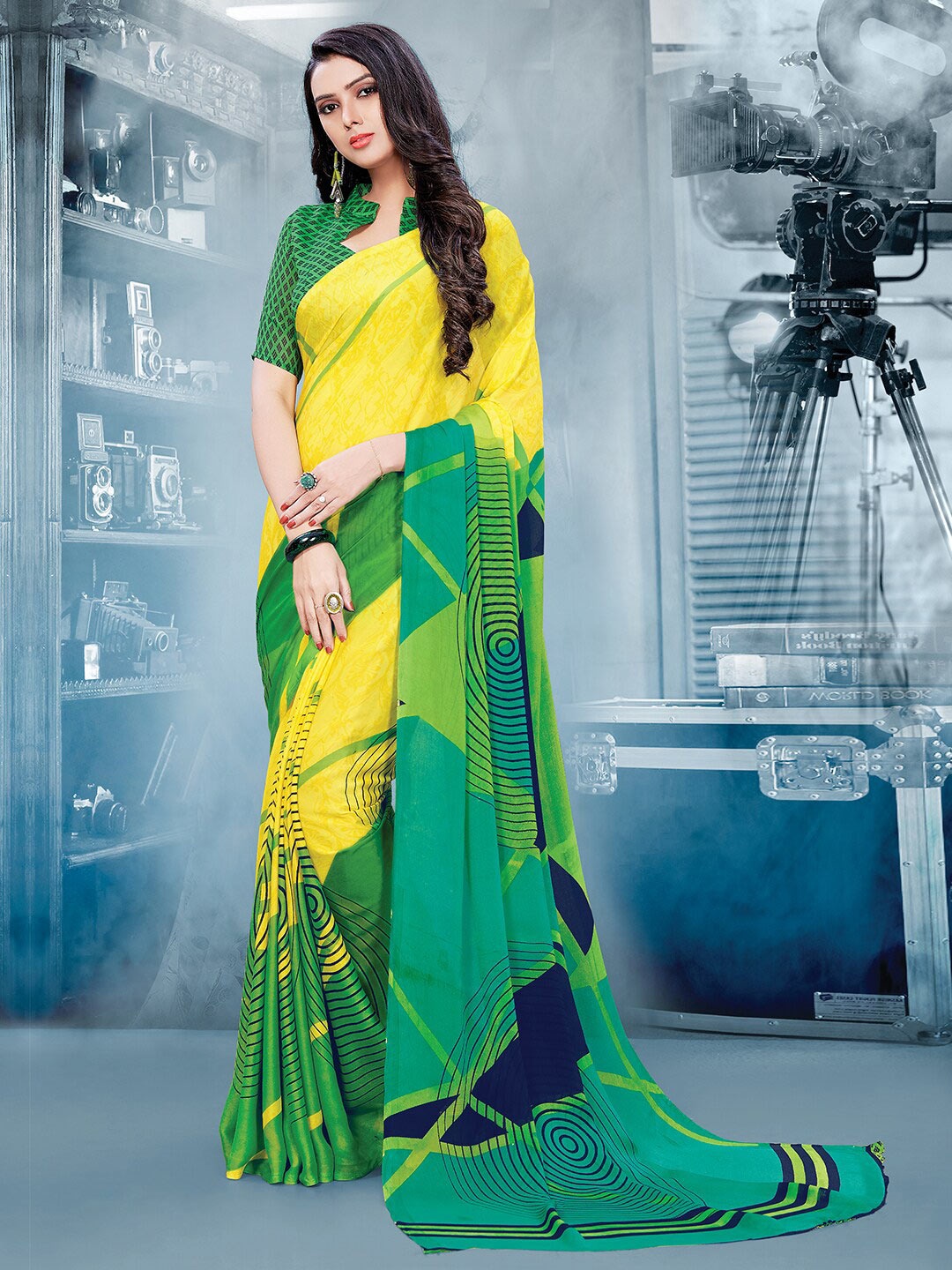 

Shaily Green & Yellow Geometric Printed Poly Georgette Saree
