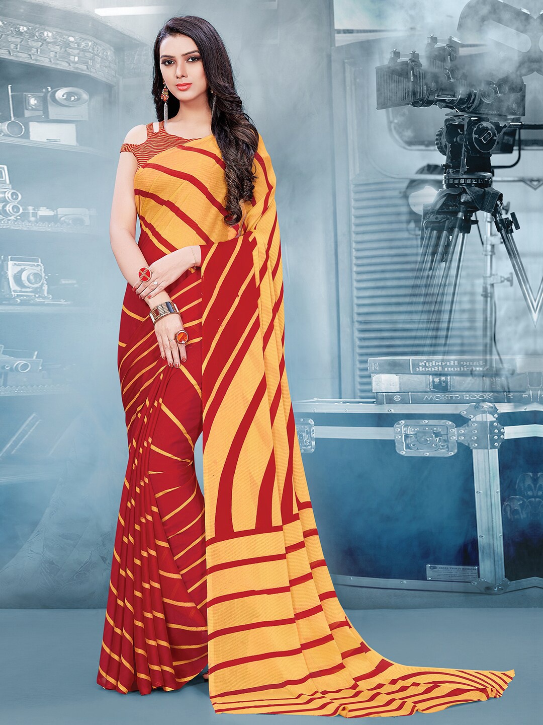 

Shaily Red & Yellow Striped Poly Georgette Saree