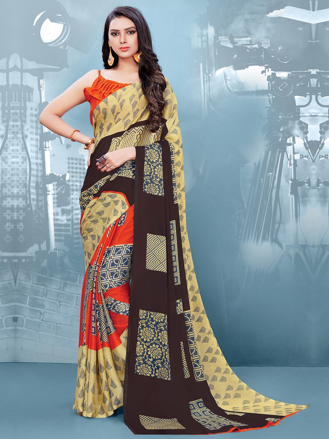 

Shaily Women Beige & Black Woven Design Poly Georgette Saree