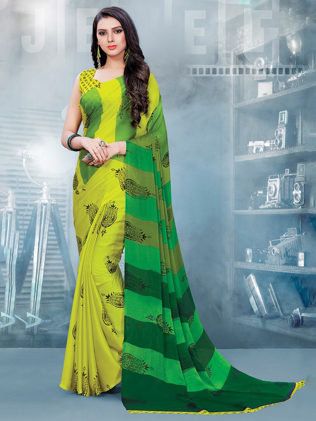 

Shaily Green & Yellow Ethnic Motifs Printed Half and Half Saree