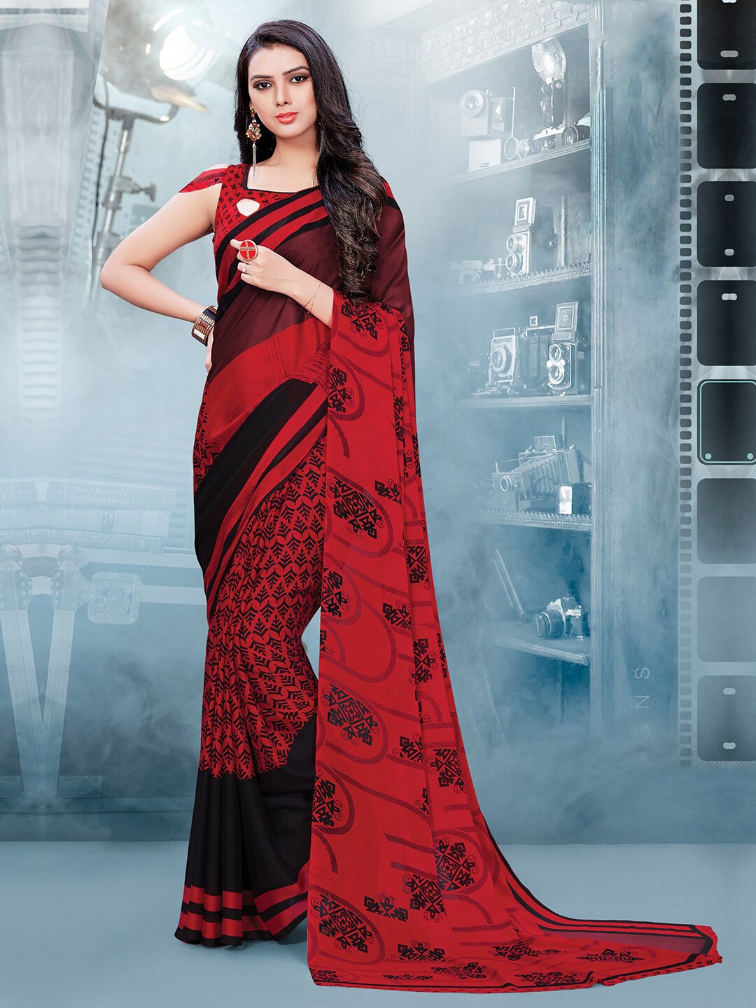 

Shaily Red & Black Ethnic Motifs Printed Poly Georgette Saree