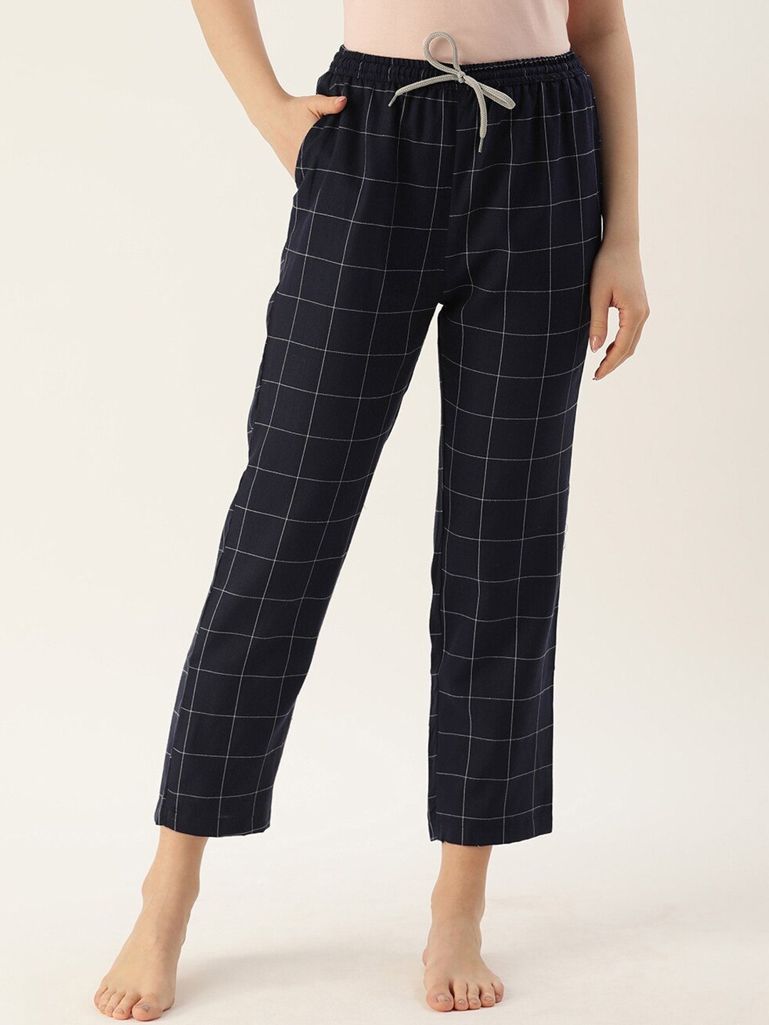 

Kryptic Women Navy Blue & White Checked Lounge Pants