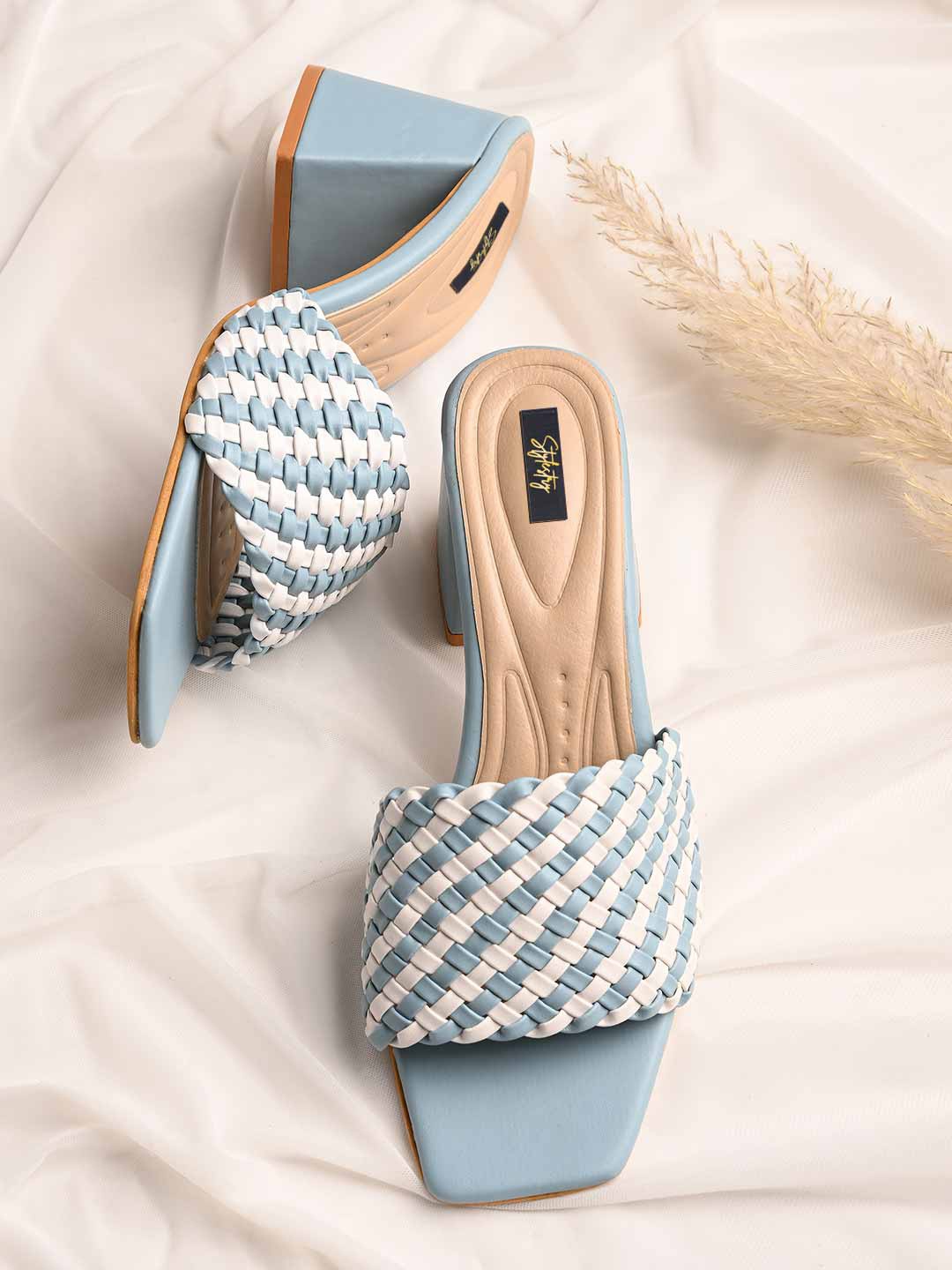 

Stylestry Blue & White Woven Design Block Heels
