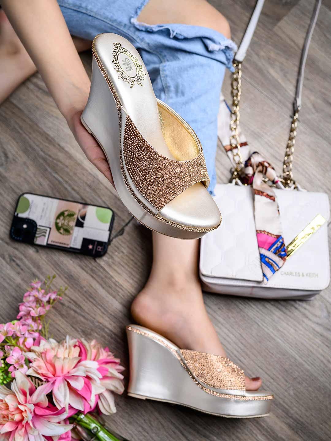 

Stylestry Pink & Grey Embellished Wedge Heels