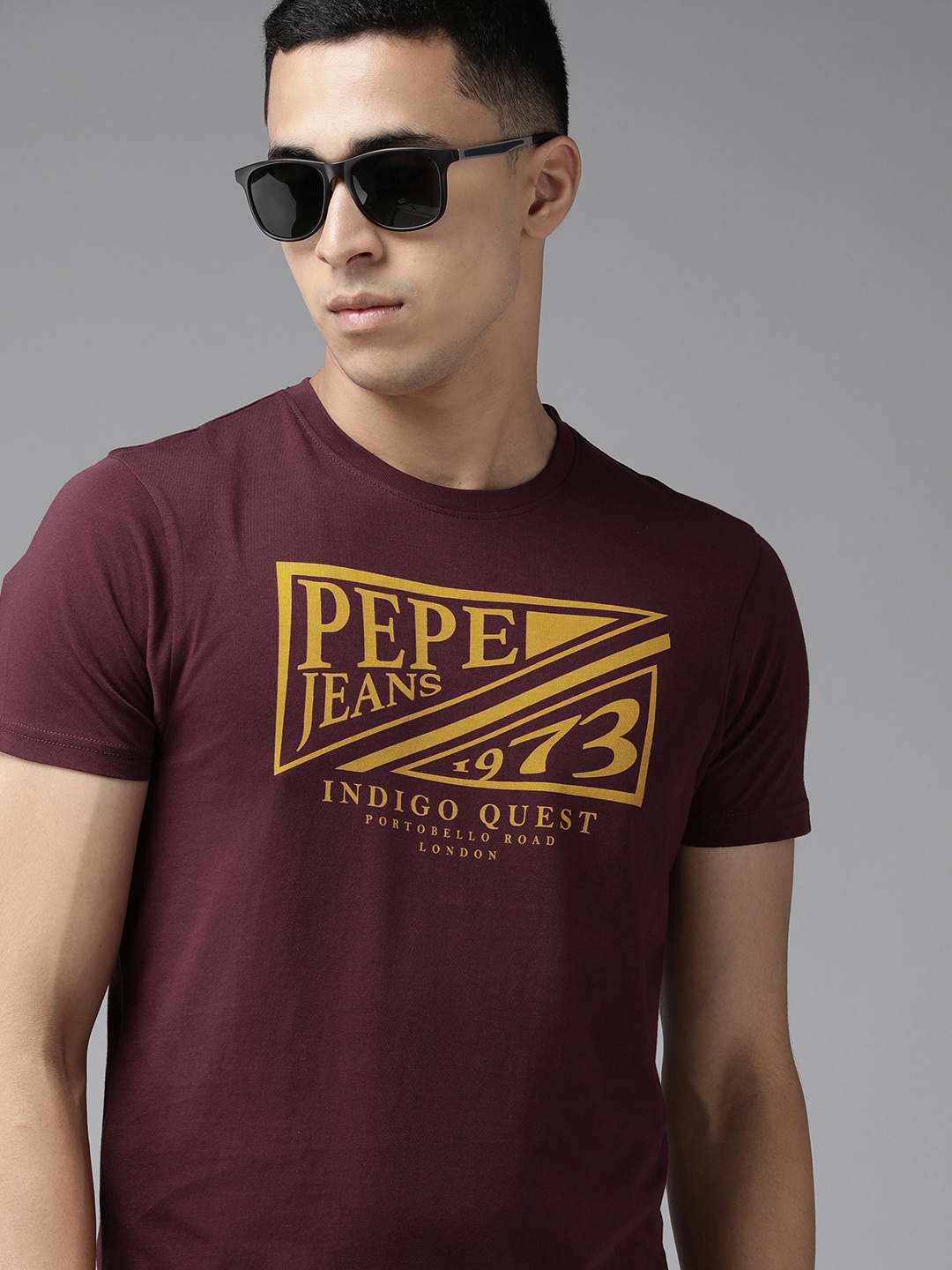 

Pepe Jeans Men Maroon Brand Logo Printed Slim Fit Pure Cotton T-shirt