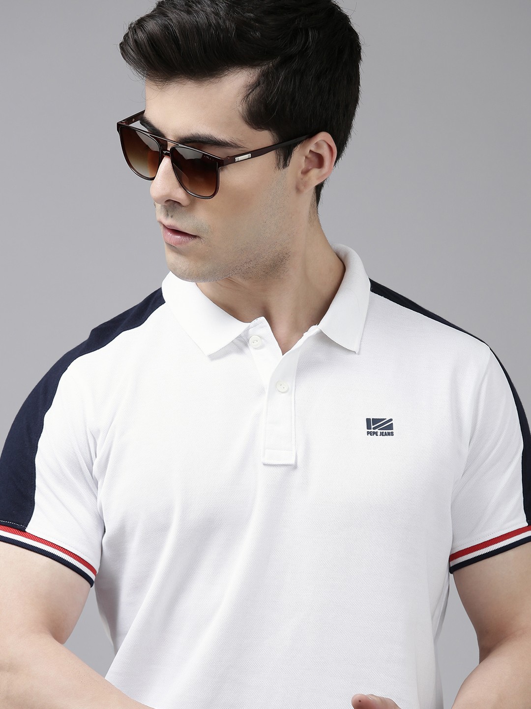

Pepe Jeans Men Solid Polo Collar Knitted Pure Cotton T-shirt With Shoulder Taping Detail, White