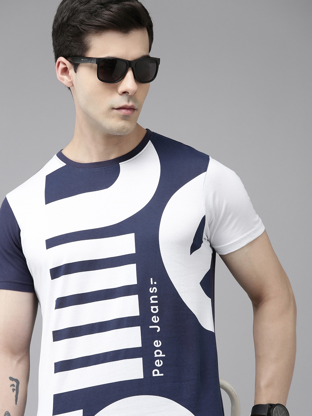 

Pepe Jeans Men Pure Cotton Printed Round Neck T-shirt, Navy blue