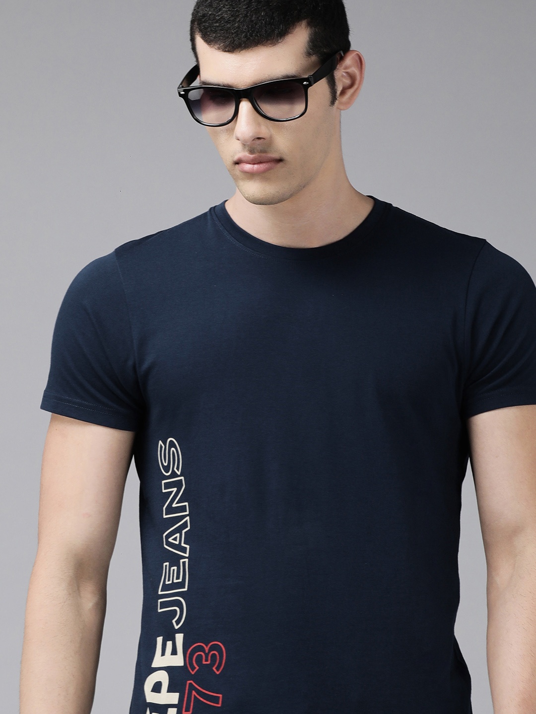

Pepe Jeans Men Navy Blue Brand Logo Placement Print Pure Cotton Slim Fit T-shirt