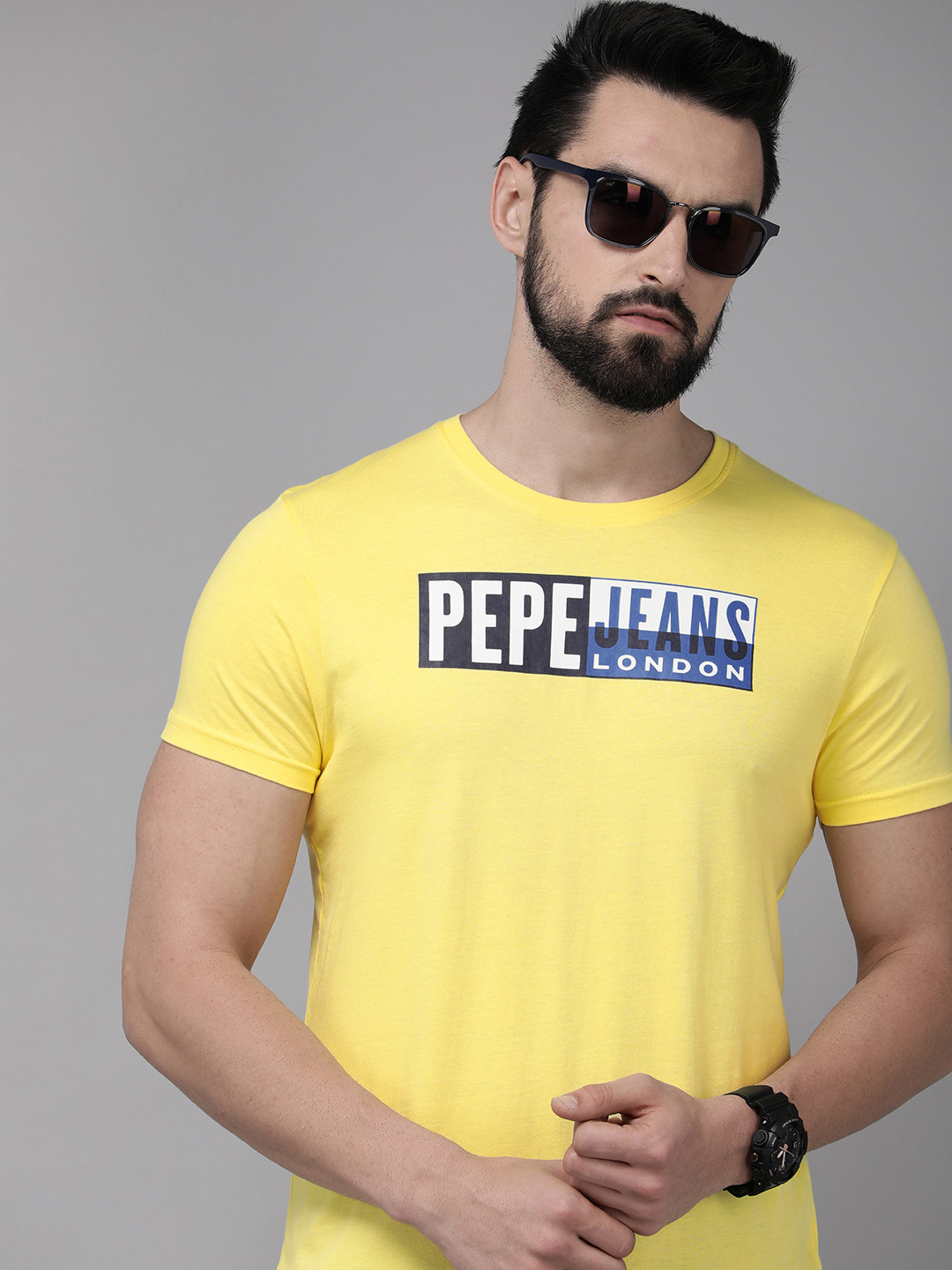 

Pepe Jeans Men Yellow Brand Logo Printed Slim Fit Pure Cotton T-shirt