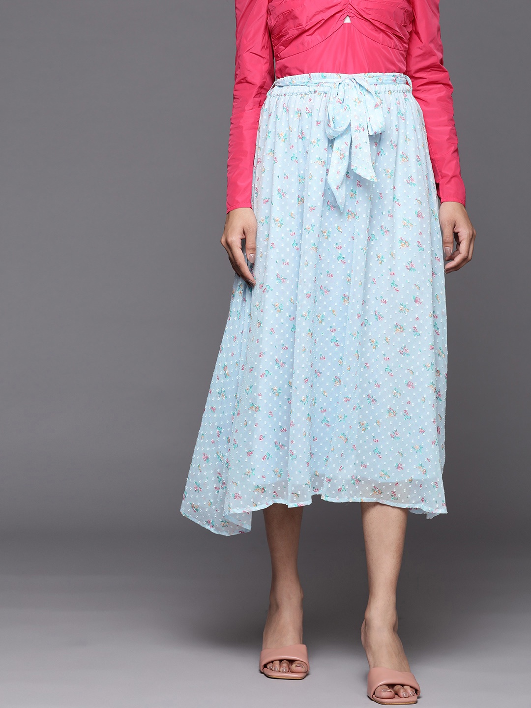 

SASSAFRAS Women Blue & Pink Floral Dobby Weave A-Line Skirt