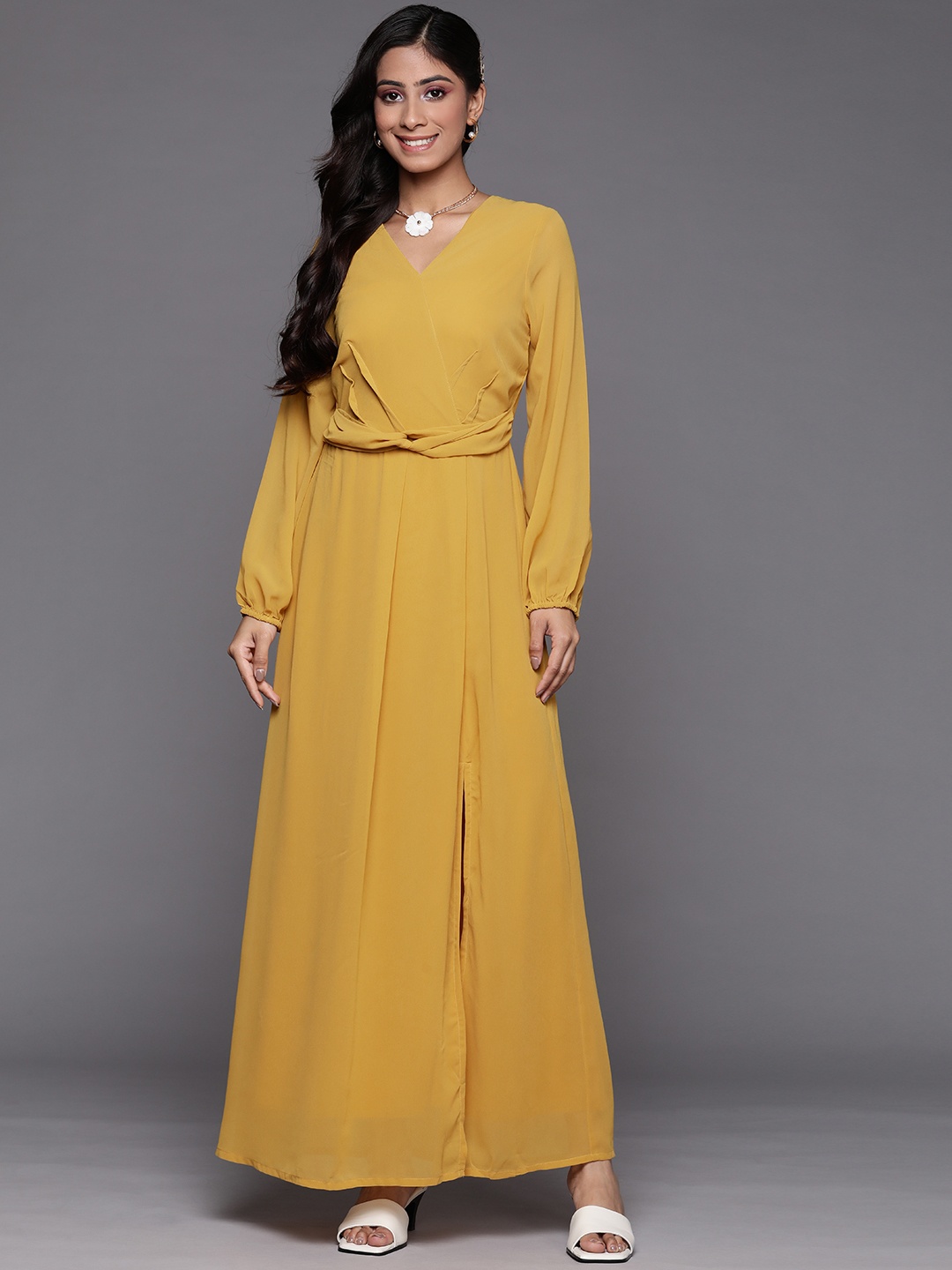 

SASSAFRAS V-Neck Puff Sleeves Maxi Wrap Dress, Mustard