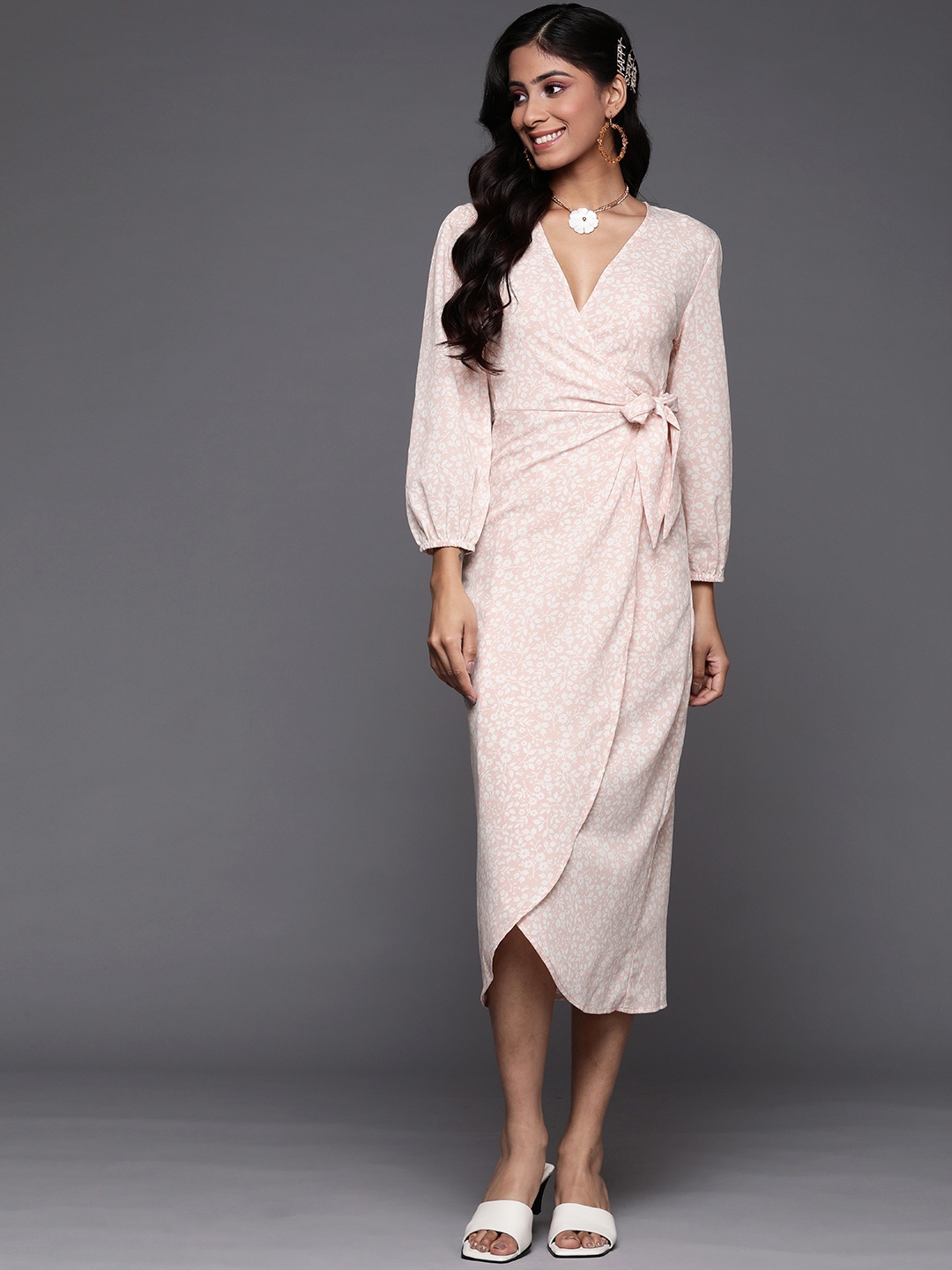 

SASSAFRAS Women Pink & White Floral Midi Wrap Dress
