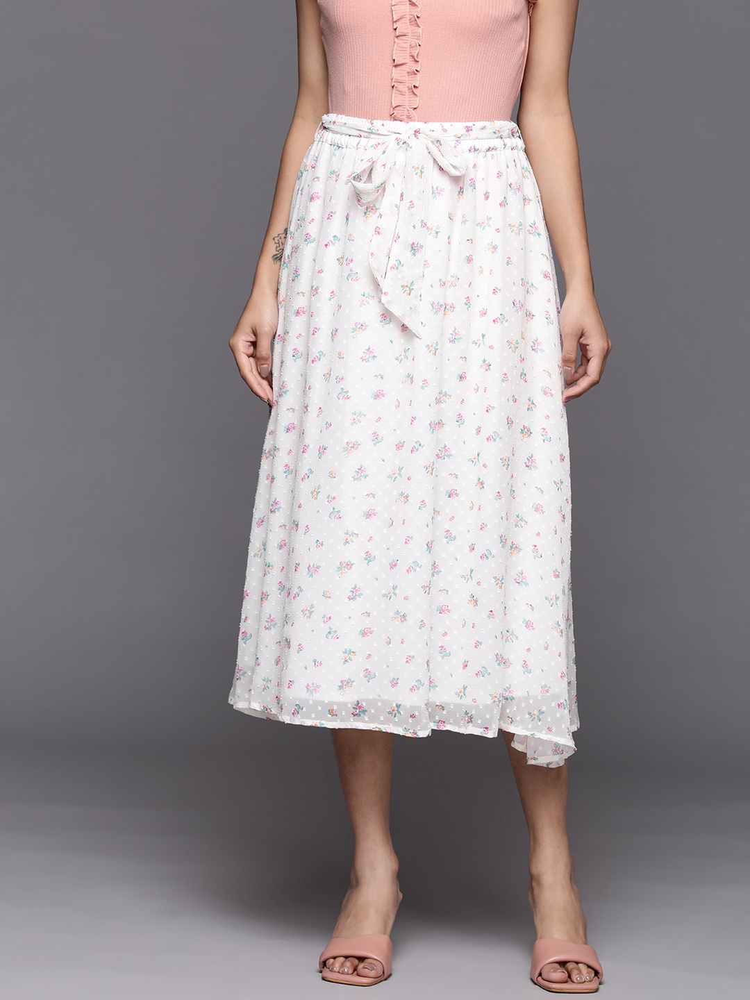 

SASSAFRAS Women White & Pink Floral Dobby Weave A-Line Skirt