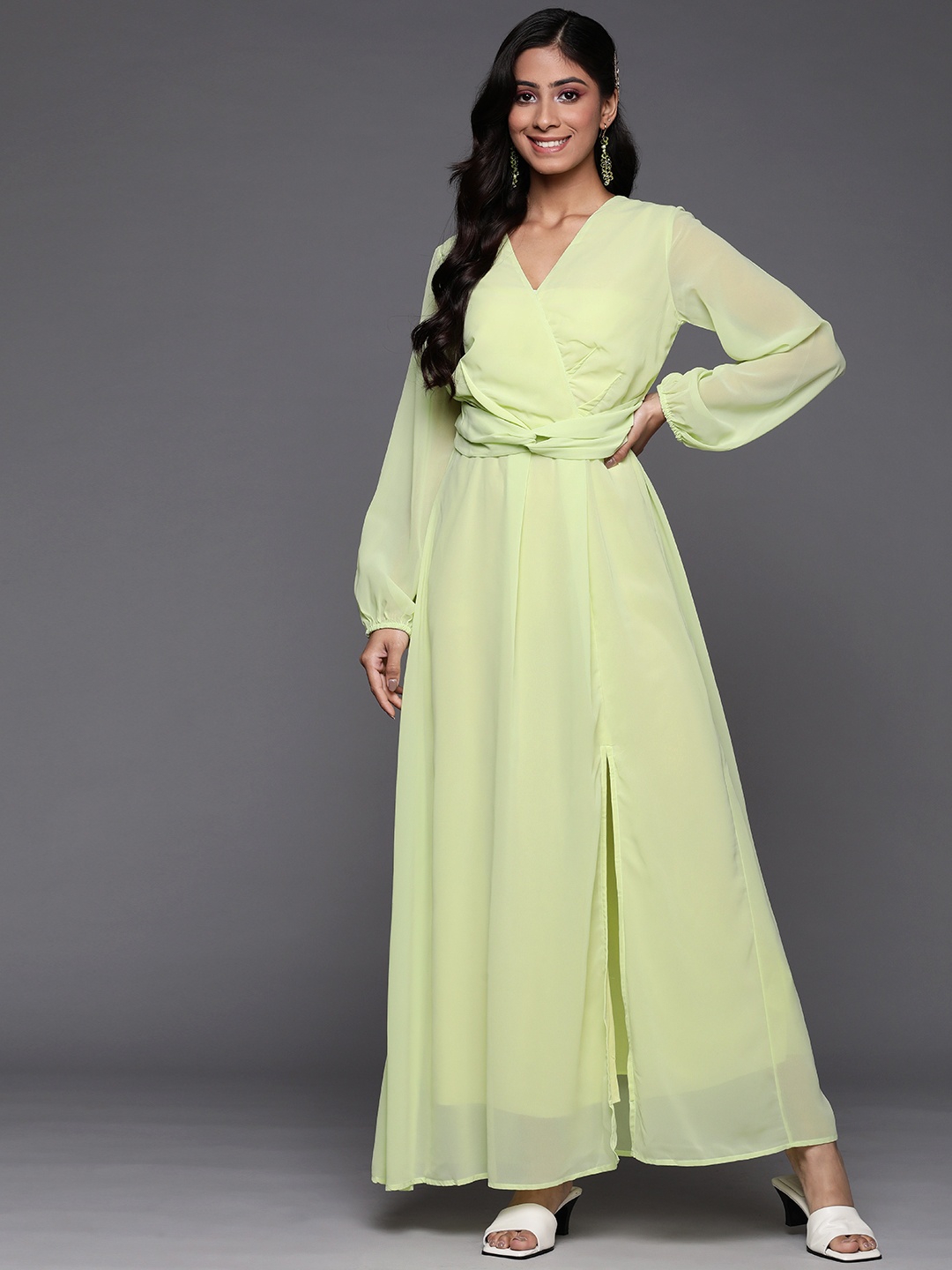 

SASSAFRAS V-Neck Puff Sleeves Maxi Wrap Dress, Lime green