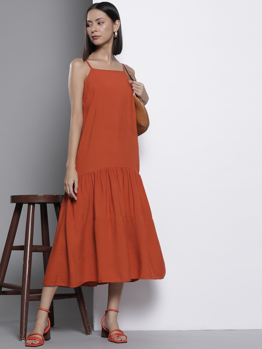 

Trendyol Women Rust Brown Solid A-Line Midi Dress