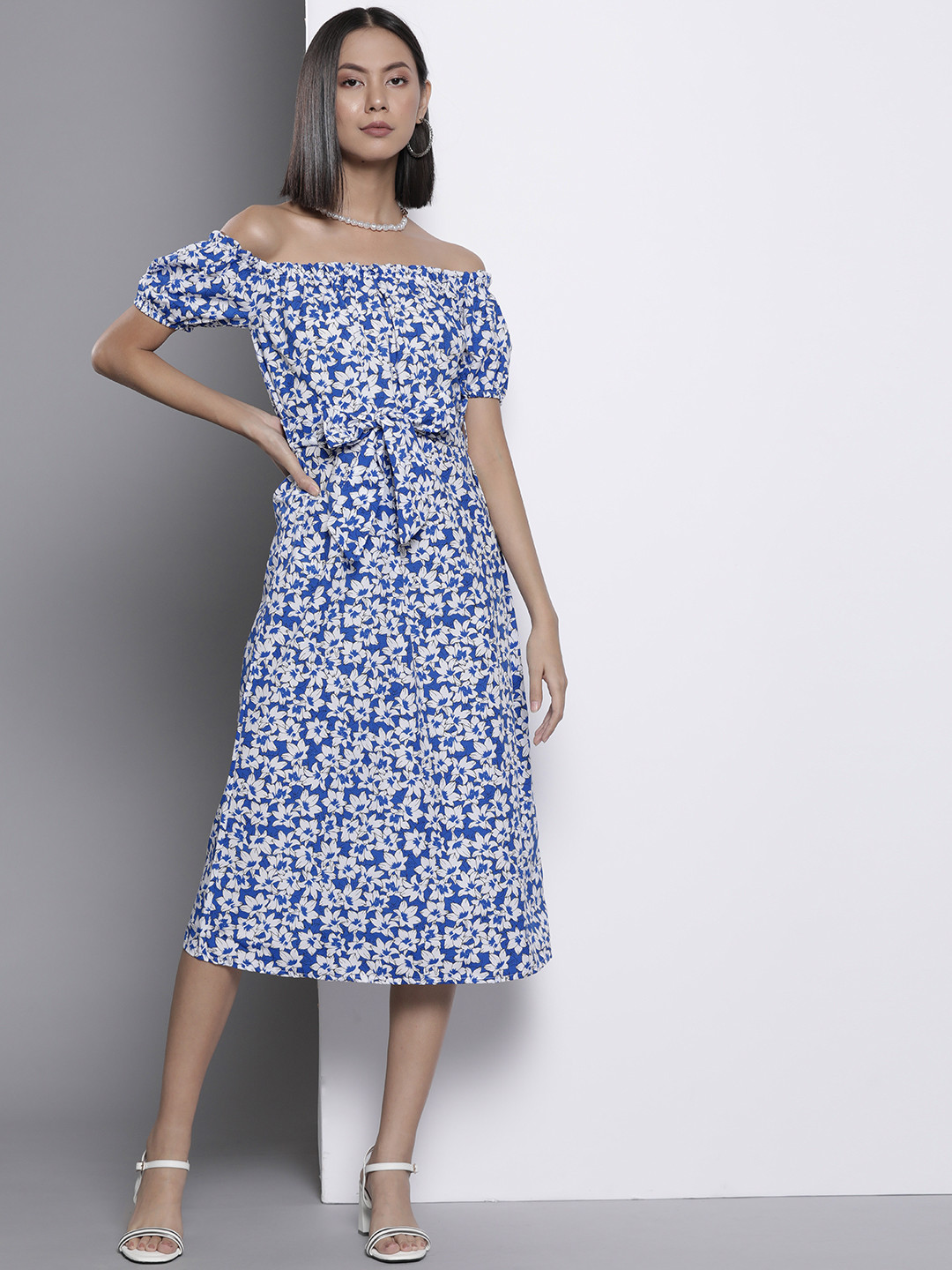 

Trendyol Blue & White Floral Print Off-Shoulder A-Line Midi Dress