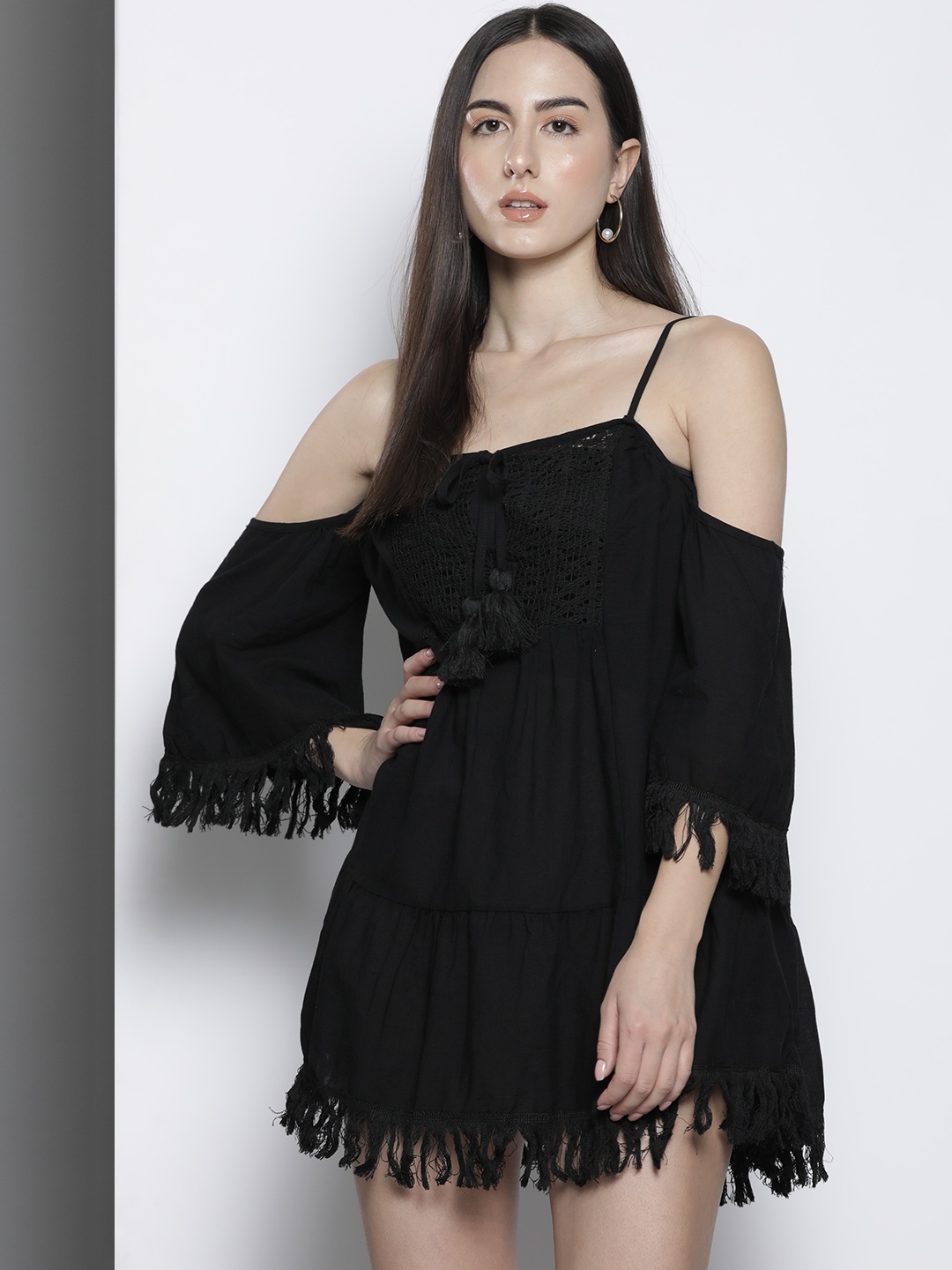 

Trendyol Cold Shoulder Straps Tassel Detail A-Line Cotton Dress, Black