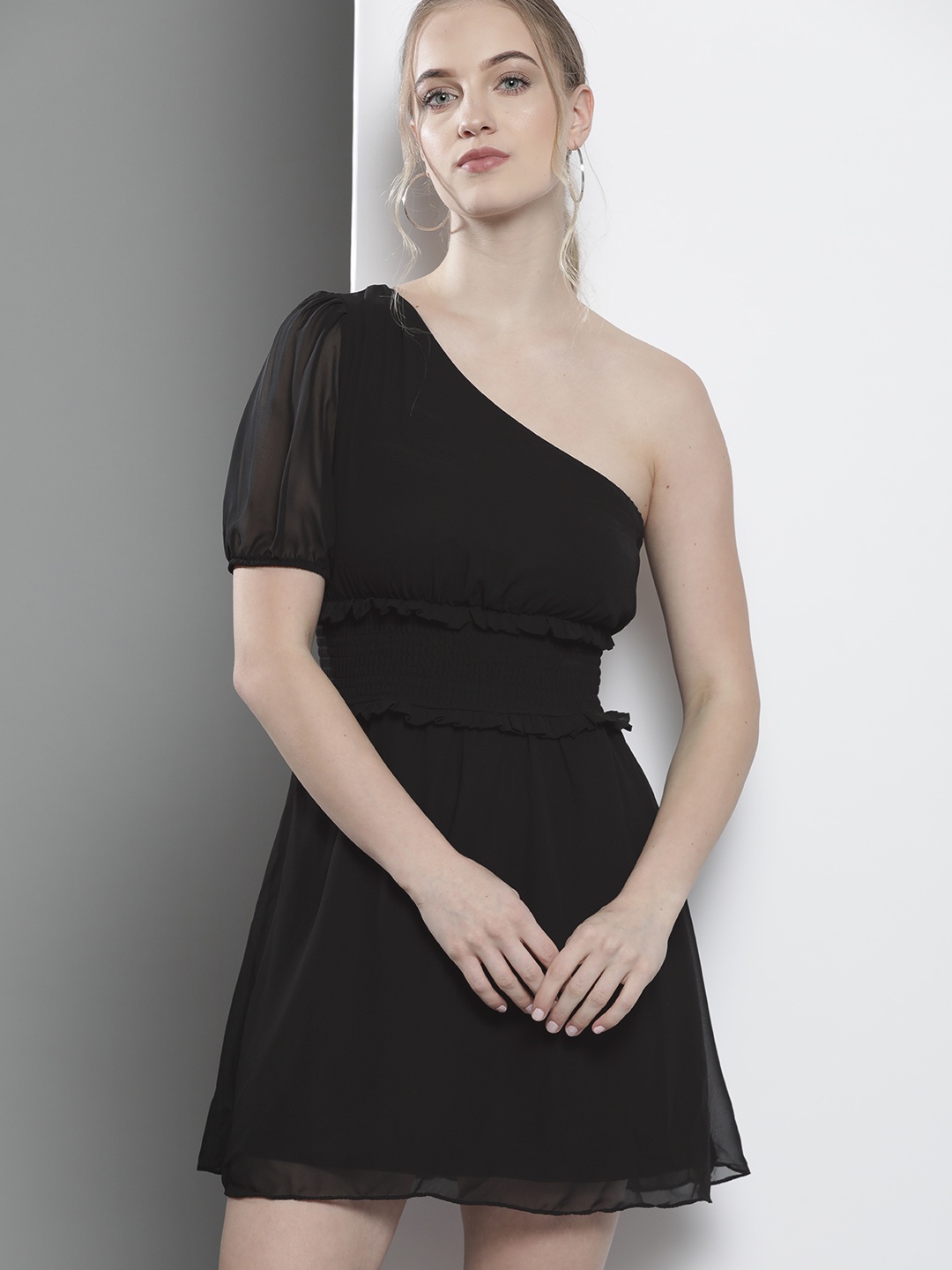 

Trendyol Black Solid One Shoulder Dress
