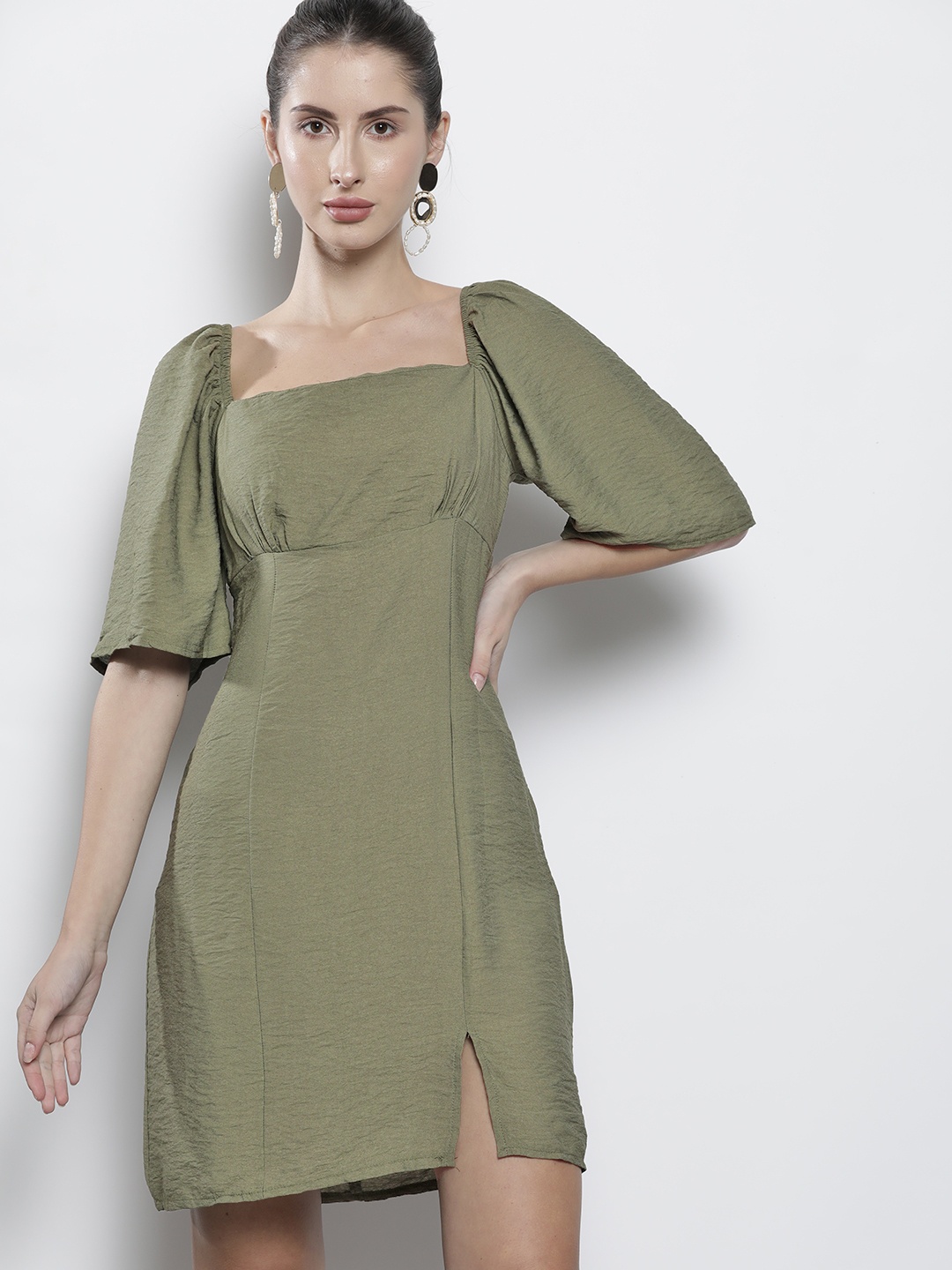 

Trendyol Women Olive Green Solid A-Line Dress