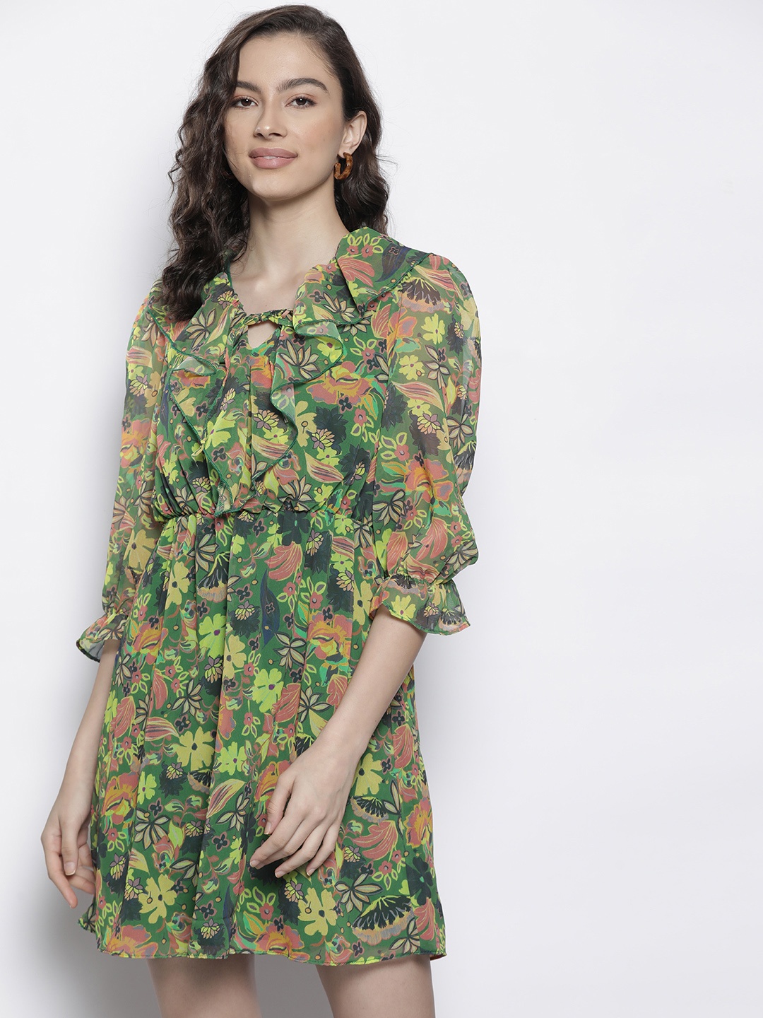 Trendyol Green Floral Printed Ruffle Detail Layered A-Line Dress
