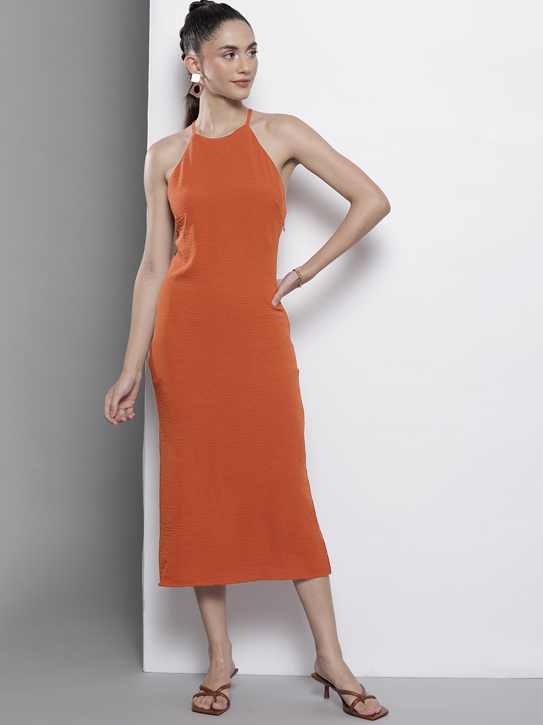 

Trendyol Rust Orange Solid Textured Side Slit Detail A-Line Midi Dress
