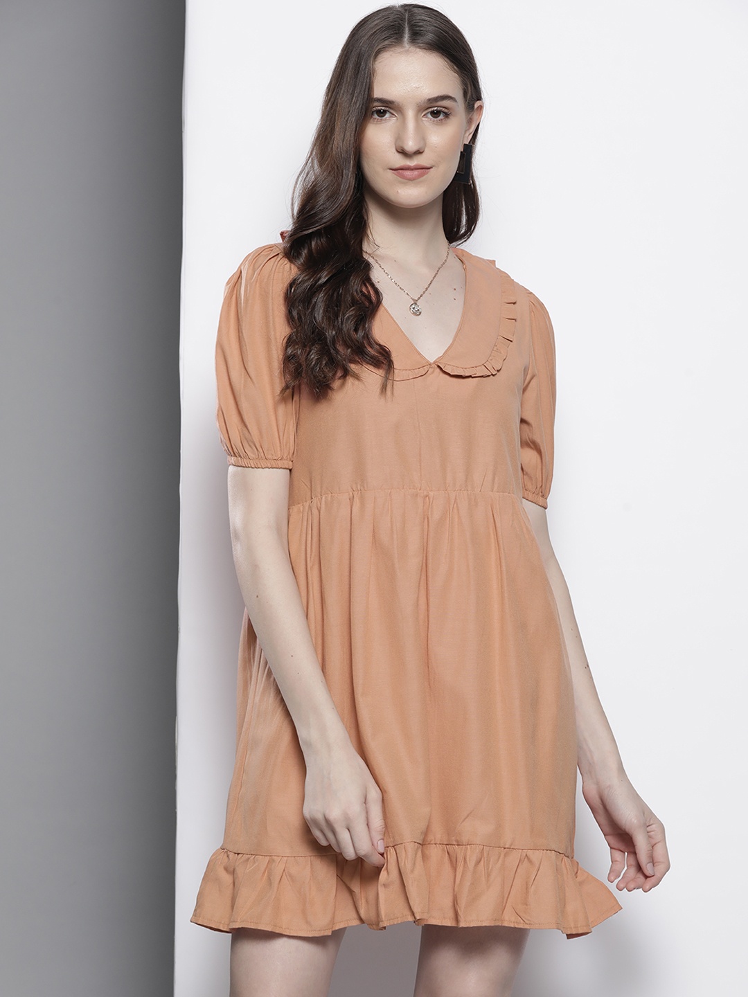 

Trendyol Peach-Coloured Solid V-Neck A-Line Dress